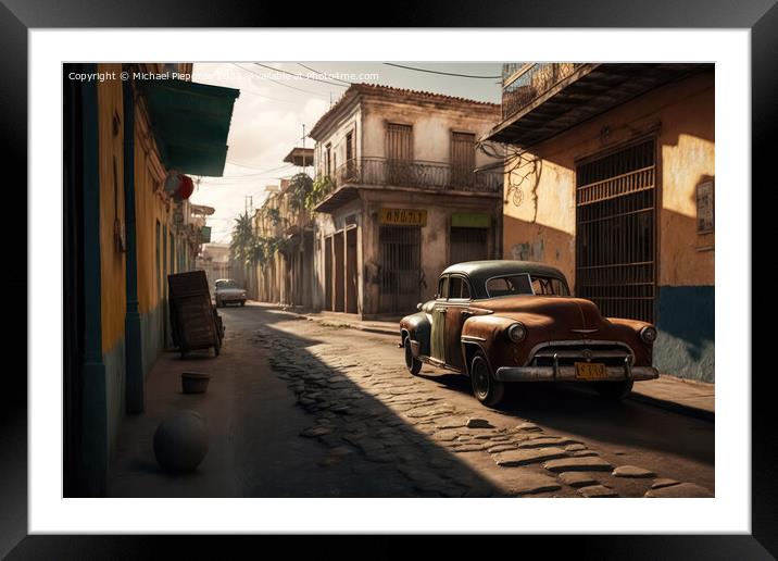 A Street in a town in a cubanic look with a lot of old rusty car Framed Mounted Print by Michael Piepgras
