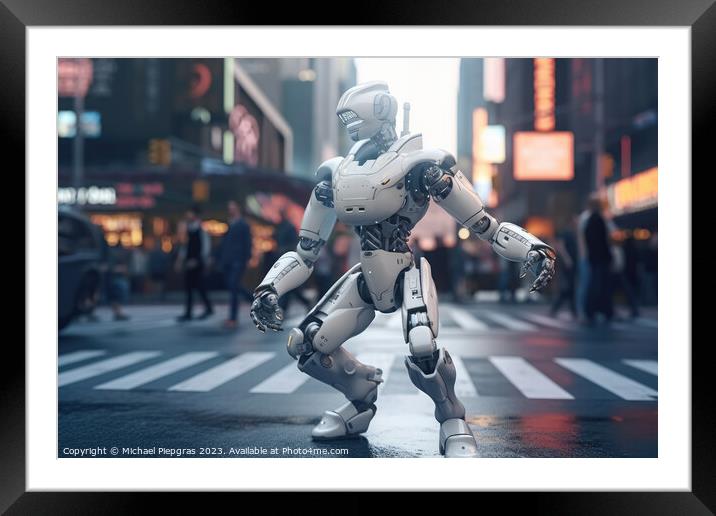 An AI robot dancing in a busy street for some money created with Framed Mounted Print by Michael Piepgras