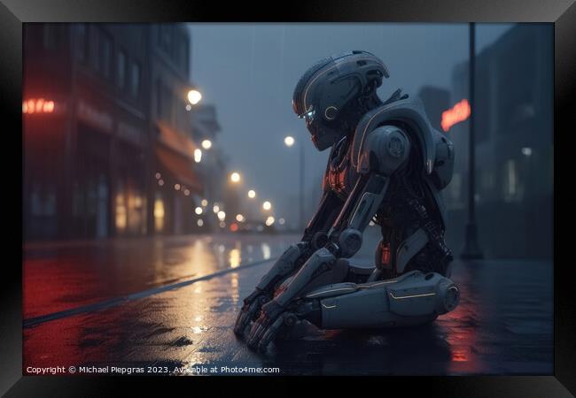 A homeless AI robot sitting on a street corner begging for a few Framed Print by Michael Piepgras