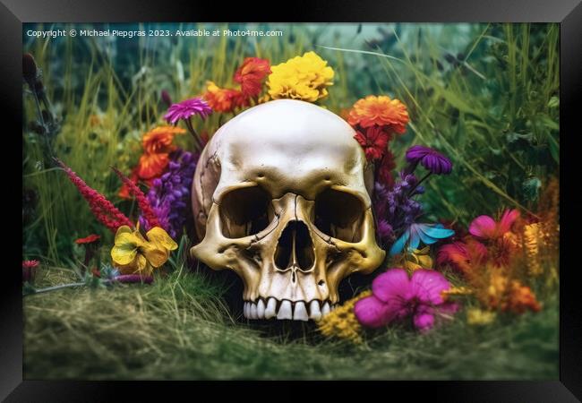 Colorful flowers growing out of a skull some grass on the ground Framed Print by Michael Piepgras