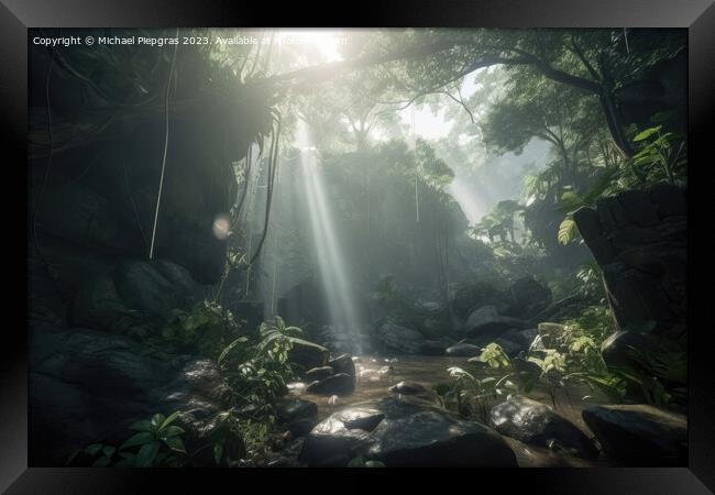 Jungle with light rays coming from above created with generative Framed Print by Michael Piepgras
