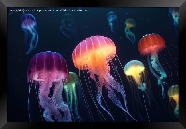 Multiple brightly coloured jellyfish in the depths of the ocean  Framed Print by Michael Piepgras