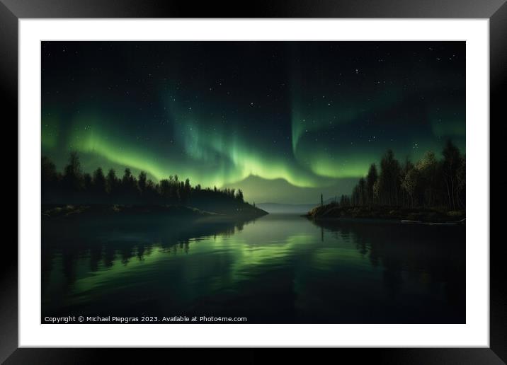 Auroras in green colour and stars over a lake with reflections o Framed Mounted Print by Michael Piepgras