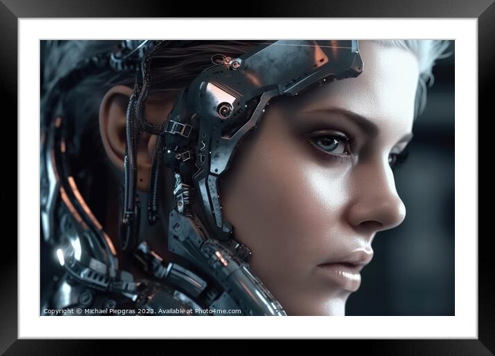 Portrait of a female cyborg created with generative AI technolog Framed Mounted Print by Michael Piepgras