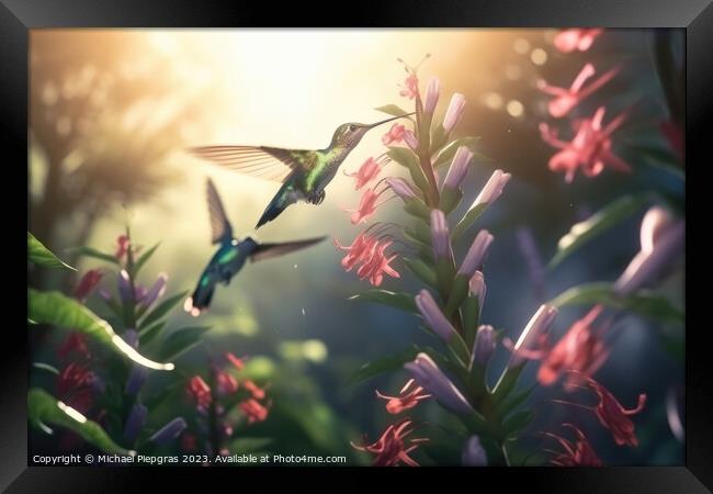 Several hummingbirds buzzing around flowers in a jungle created  Framed Print by Michael Piepgras