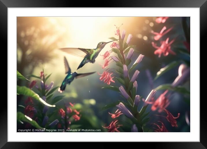 Several hummingbirds buzzing around flowers in a jungle created  Framed Mounted Print by Michael Piepgras