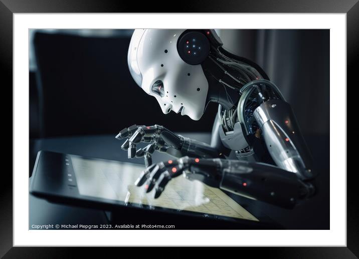 The hand of an ai robot working on a tablet created with generat Framed Mounted Print by Michael Piepgras