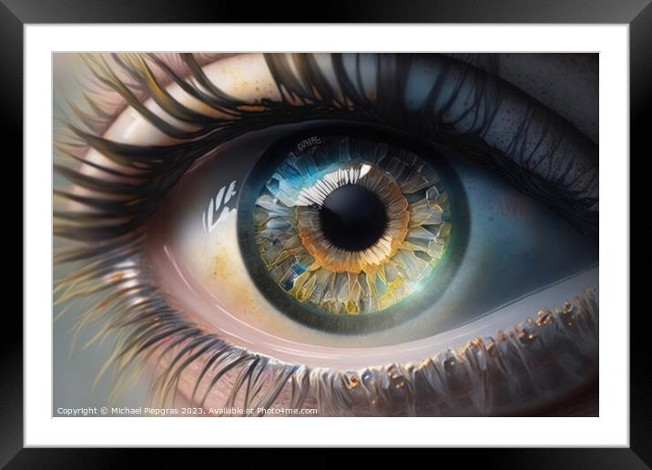 Close up of a female eye in steampunk style created with generat Framed Mounted Print by Michael Piepgras