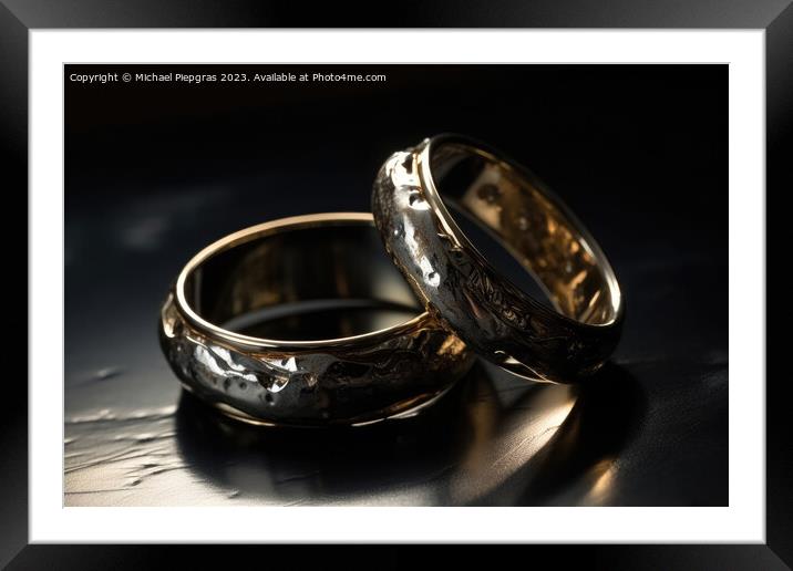 Two wedding rings made of liquid mercury created with generative Framed Mounted Print by Michael Piepgras