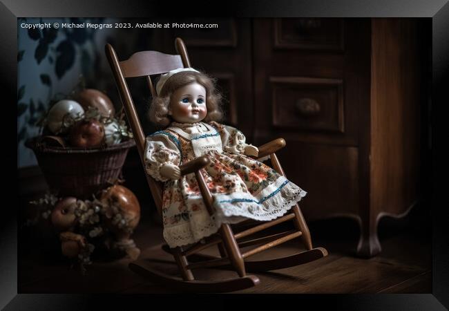 A beautiful vintage porcelain doll sitting on a rocking chair cr Framed Print by Michael Piepgras