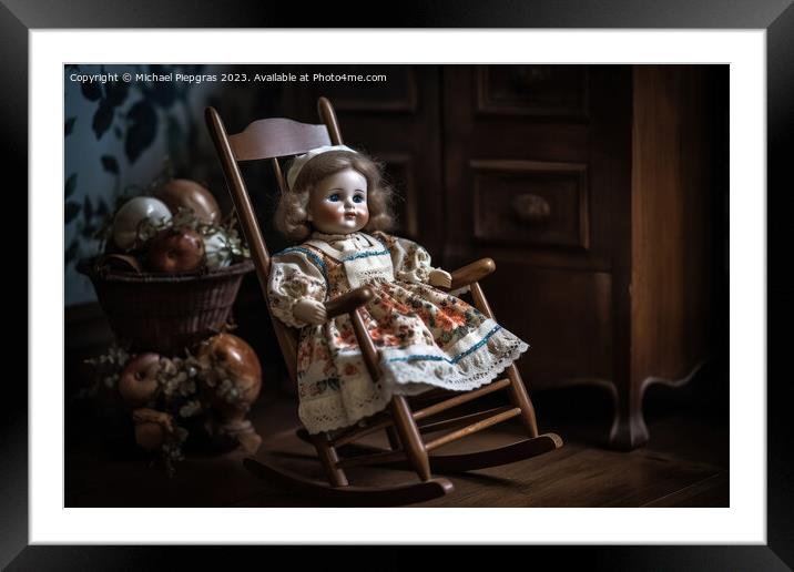 A beautiful vintage porcelain doll sitting on a rocking chair cr Framed Mounted Print by Michael Piepgras