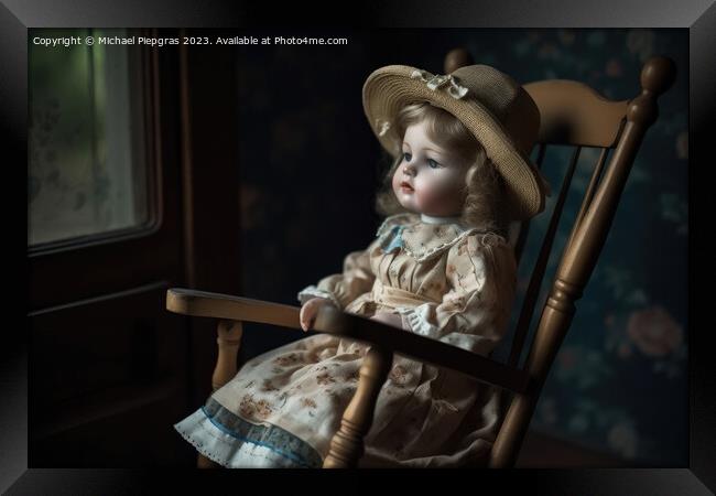 A beautiful vintage porcelain doll sitting on a rocking chair cr Framed Print by Michael Piepgras