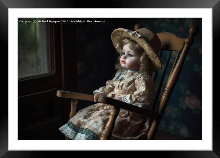 A beautiful vintage porcelain doll sitting on a rocking chair cr Framed Mounted Print by Michael Piepgras