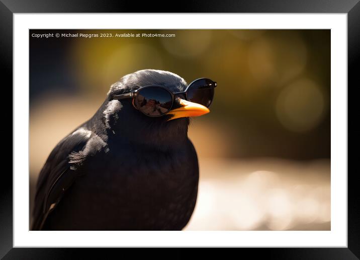 A blackbird wearing sunglasses created with generative AI techno Framed Mounted Print by Michael Piepgras
