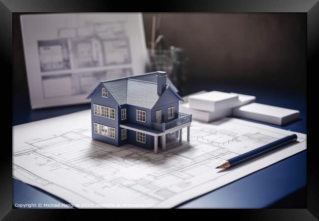 A blueprint of a residential house on a desk with a model of the Framed Print by Michael Piepgras