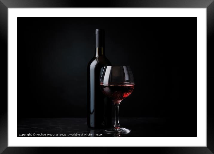 A complete wine bottle and a matching glass on a reflective dark Framed Mounted Print by Michael Piepgras