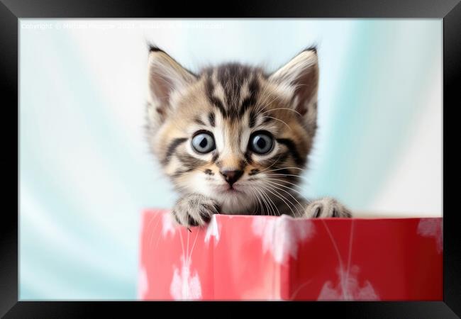 A cute kitten looking out of a present box created with generati Framed Print by Michael Piepgras