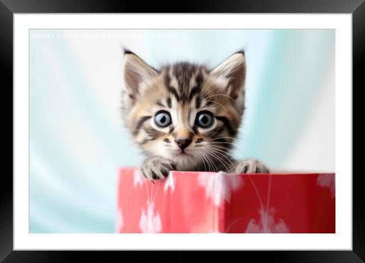 A cute kitten looking out of a present box created with generati Framed Mounted Print by Michael Piepgras