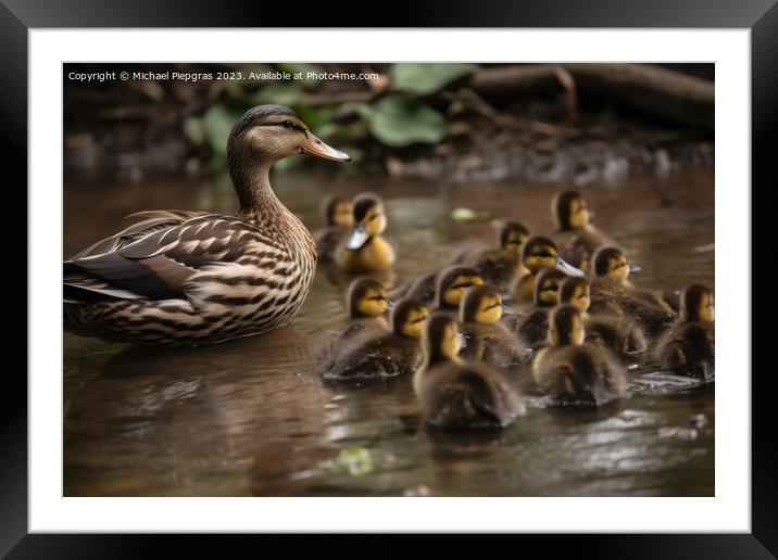 A duck mother with a lot of ducklings created with generative AI Framed Mounted Print by Michael Piepgras