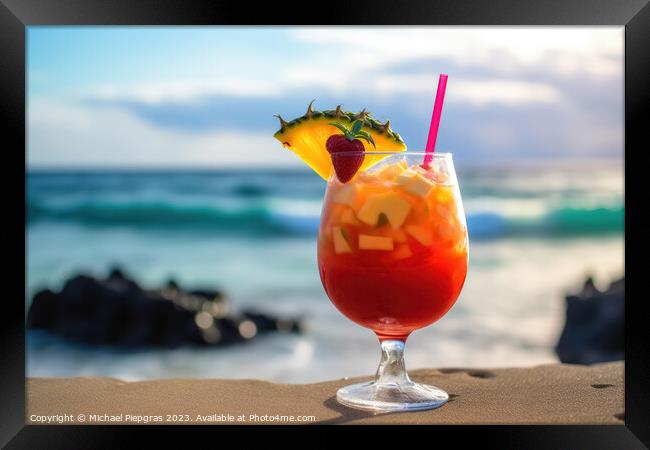 A fruity cocktail with a beautiful paradise beach soft backgroun Framed Print by Michael Piepgras