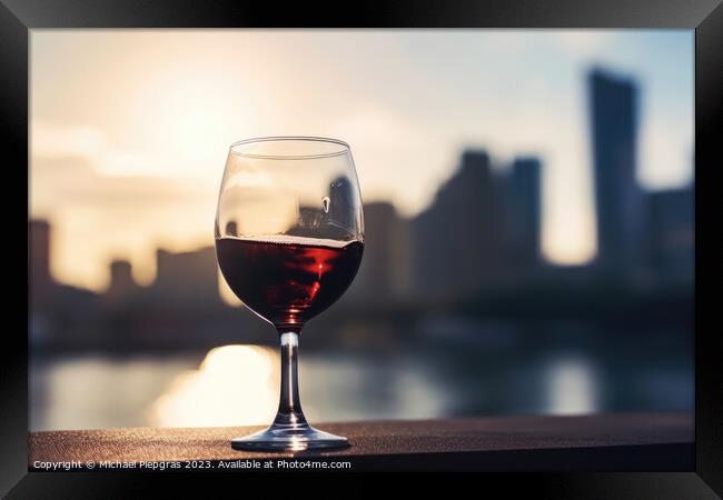 A glass of red wine with a sunny city soft focus background crea Framed Print by Michael Piepgras