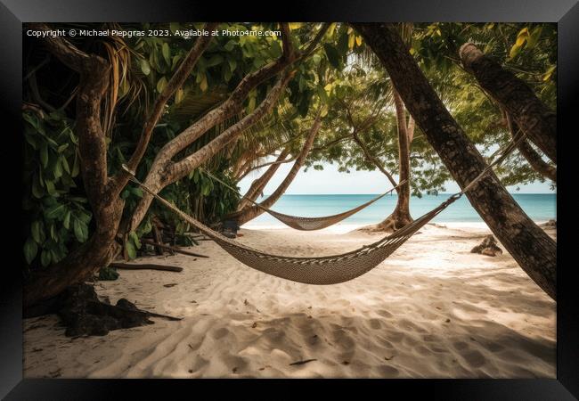 A hammock on a tropical beach created with generative AI technol Framed Print by Michael Piepgras