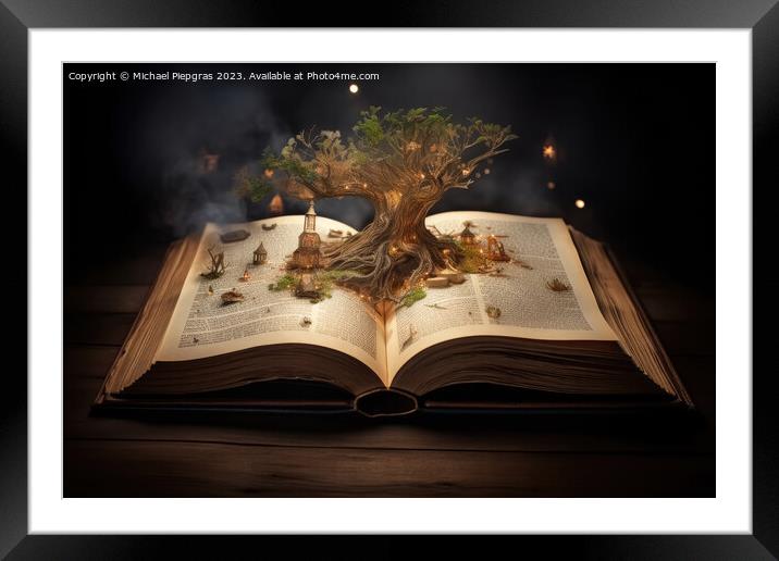 A magical book with fantasy stories coming out of the book creat Framed Mounted Print by Michael Piepgras