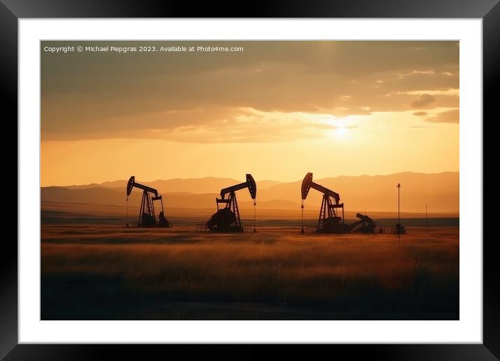 A field of oil wells pumping oil out of the ground created with  Framed Mounted Print by Michael Piepgras