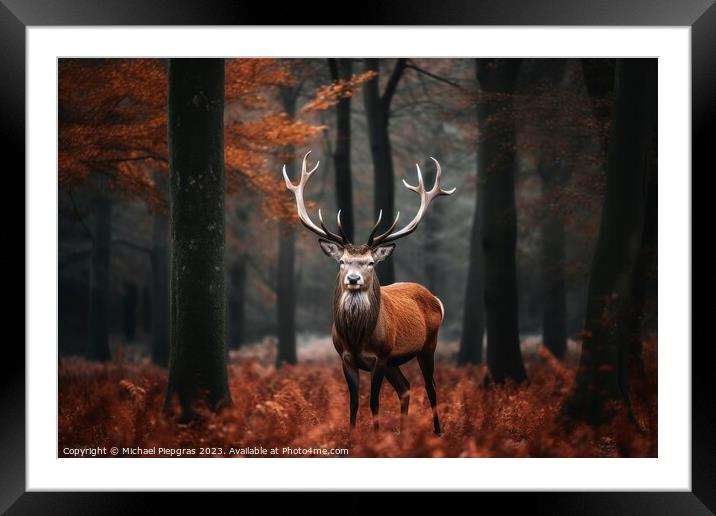 A majestic deer in front of a forest created with generative AI  Framed Mounted Print by Michael Piepgras