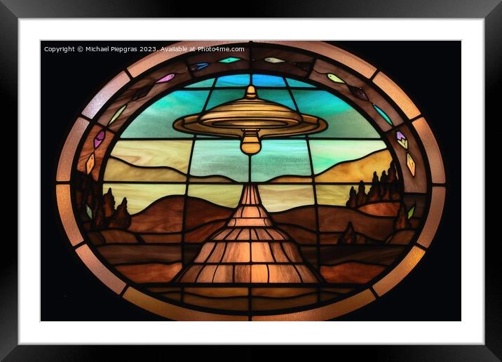 A stained glass scene of a UFO landing created with generative A Framed Mounted Print by Michael Piepgras
