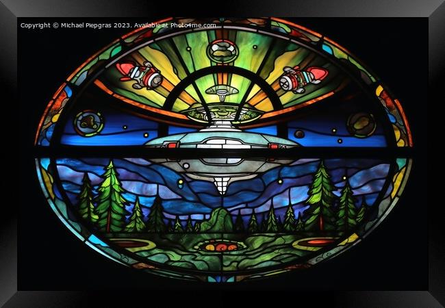 A stained glass scene of a UFO landing created with generative A Framed Print by Michael Piepgras