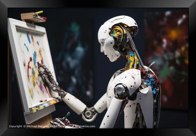 AI robot is painting an artwork created with generative AI techn Framed Print by Michael Piepgras