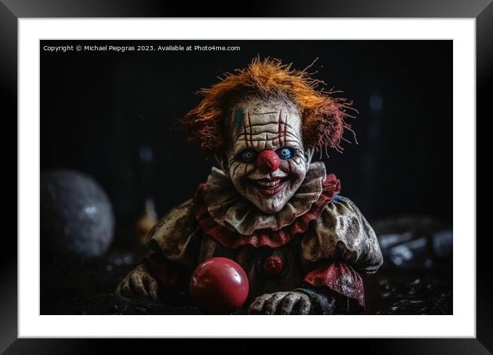 An evil clown doll in a dirty look created with generative AI te Framed Mounted Print by Michael Piepgras