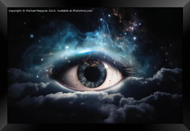 An eye made of clouds with a universe background  created with g Framed Print by Michael Piepgras