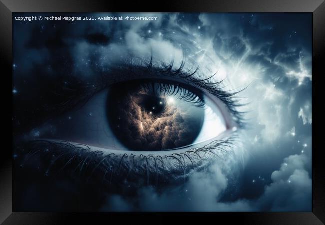 An eye made of clouds with a universe background  created with g Framed Print by Michael Piepgras