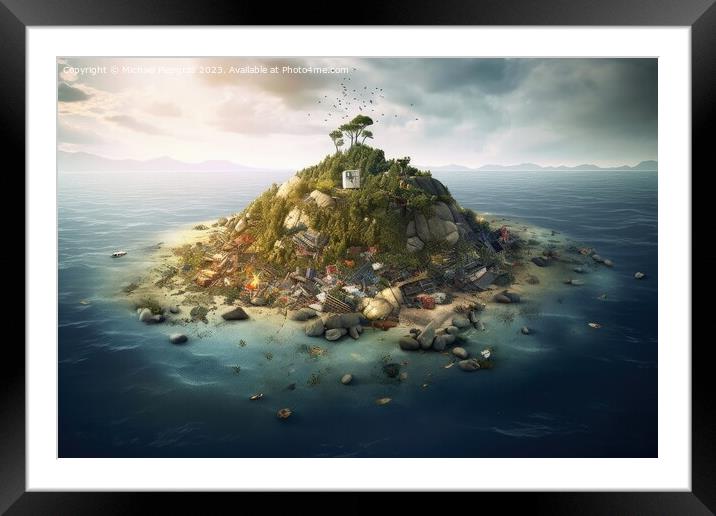 An island of plastic waste floating in the ocean created with ge Framed Mounted Print by Michael Piepgras