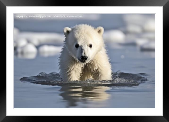 Baby polar bear on melting ice created with generative AI techno Framed Mounted Print by Michael Piepgras