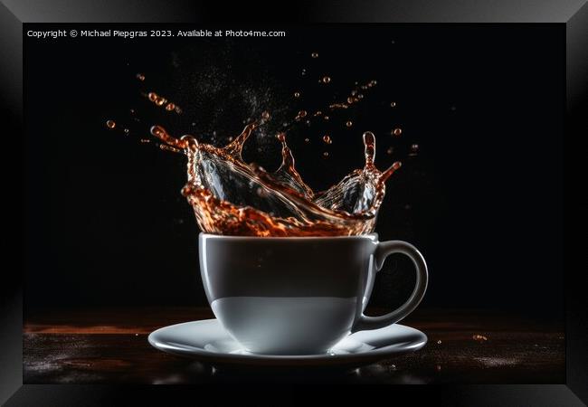 Coffee splashing in a coffee cup created with generative AI tech Framed Print by Michael Piepgras