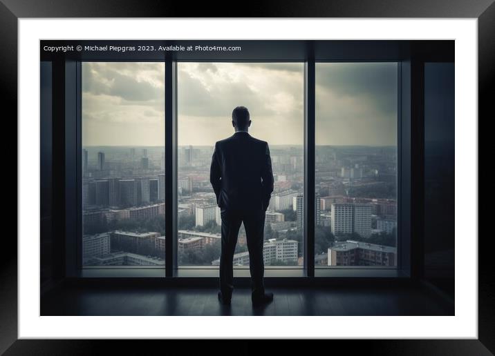 A businessman seen from behind is looking out of an office windo Framed Mounted Print by Michael Piepgras