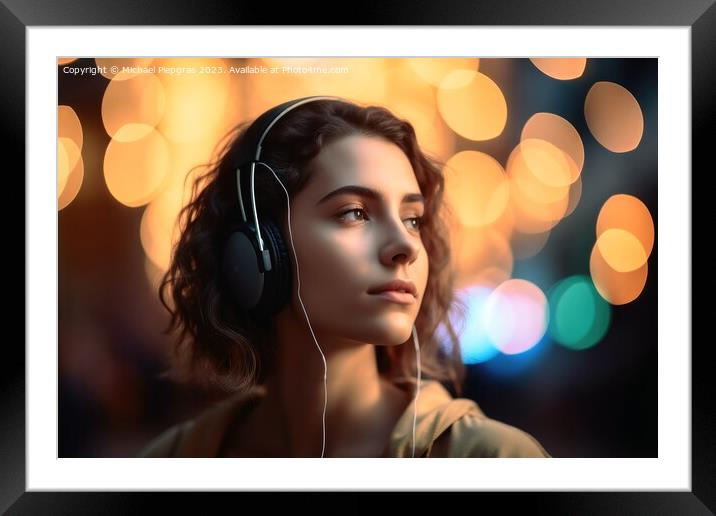A Woman listening to music created with generative AI technology Framed Mounted Print by Michael Piepgras
