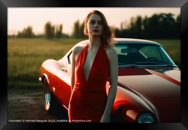 A sexy woman in an elegant dress standing next to a sports car c Framed Print by Michael Piepgras