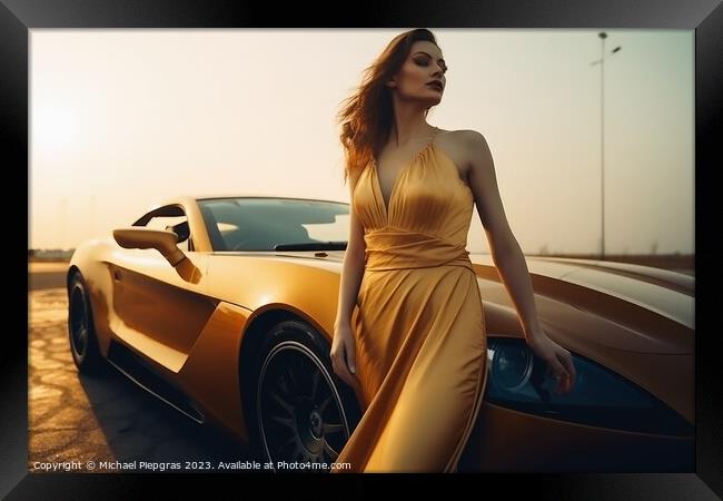 A sexy woman in an elegant dress standing next to a sports car c Framed Print by Michael Piepgras