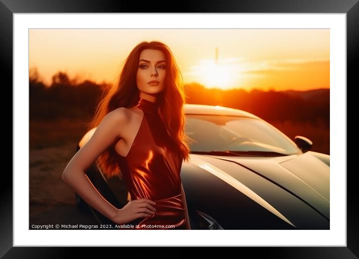 A sexy woman in an elegant dress standing next to a sports car c Framed Mounted Print by Michael Piepgras