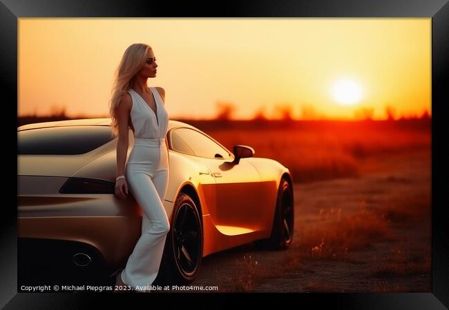 A sexy woman in an elegant dress standing next to a sports car c Framed Print by Michael Piepgras