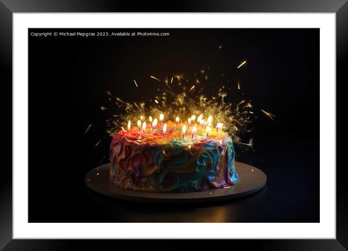 A birthday cake with lots of lights created with generative AI t Framed Mounted Print by Michael Piepgras