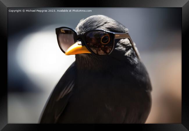 A blackbird wearing sunglasses created with generative AI techno Framed Print by Michael Piepgras