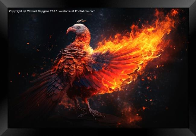 A burning Phoenix birds from the ashes created with generative A Framed Print by Michael Piepgras