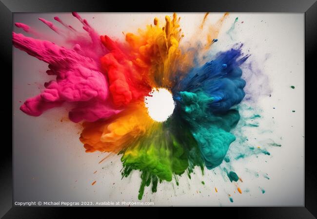 A color Wheel with goethe colors exploding in colorful powder on Framed Print by Michael Piepgras