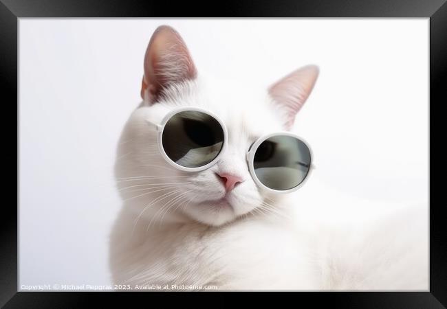 A cool white cat wearing black sunglasses on a white background  Framed Print by Michael Piepgras