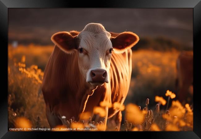 A cow on a field with some flowers created with generative AI te Framed Print by Michael Piepgras